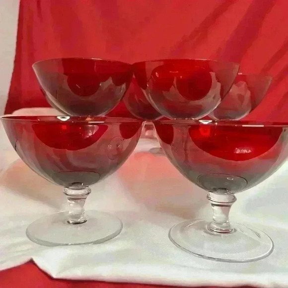 Vtg. 7-  Cranberry Glass, footed Sherbet glasses/ wafer stems - Picture 4 of 7